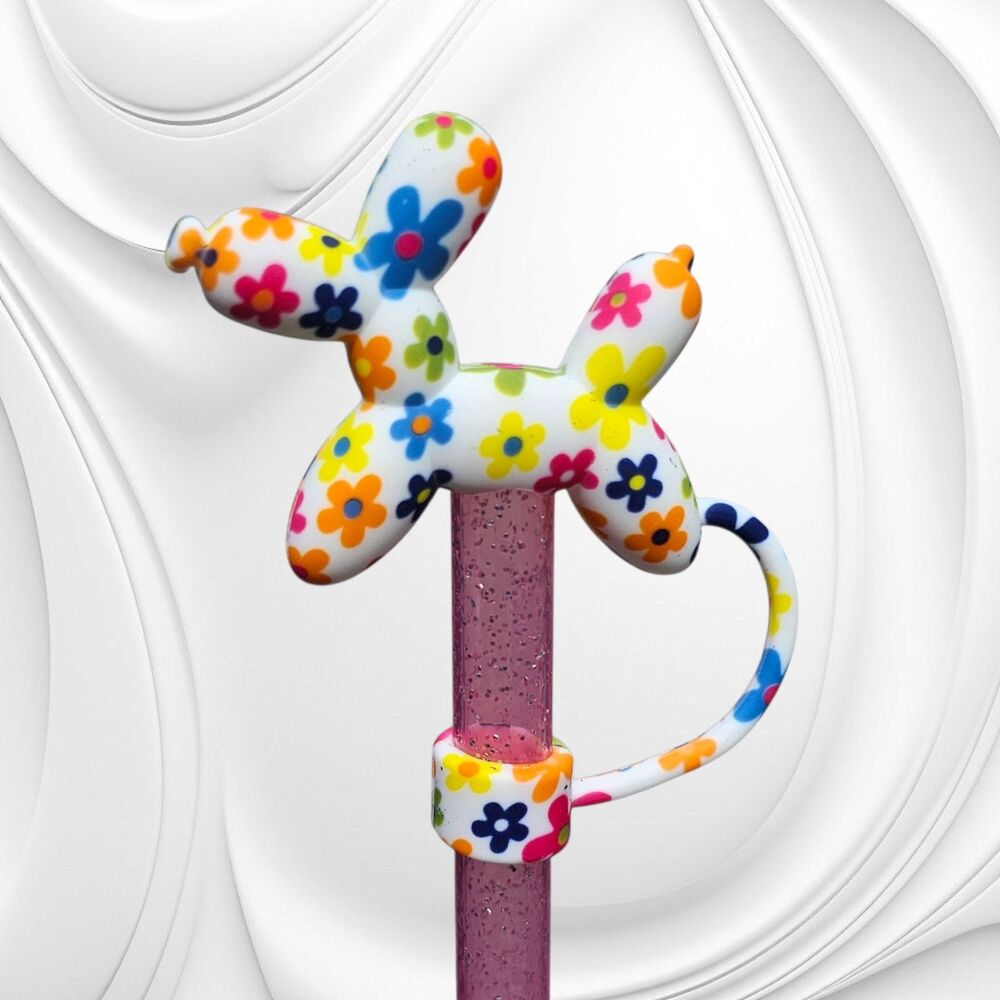 Floral Balloon Dog 3D Silicone 10mm Stanley Straw Topper - Straw Cover